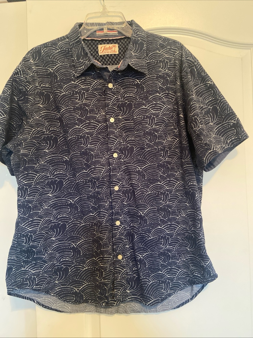 Jach’s NY Navy Short-Sleeve Button-Down Shirt with White Wave Print